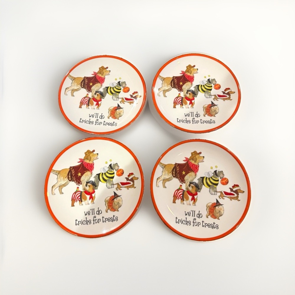Pier 1 Imports Halloween Dogs Plates Set of 4 10" Will Do Tricks For Treats